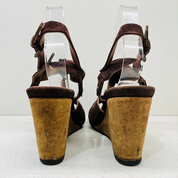 Moma Brown Suede Leather Wedges Sandals Heels TStrap Ankle Made in Italy Sz 38 - Picture 7 of 16
